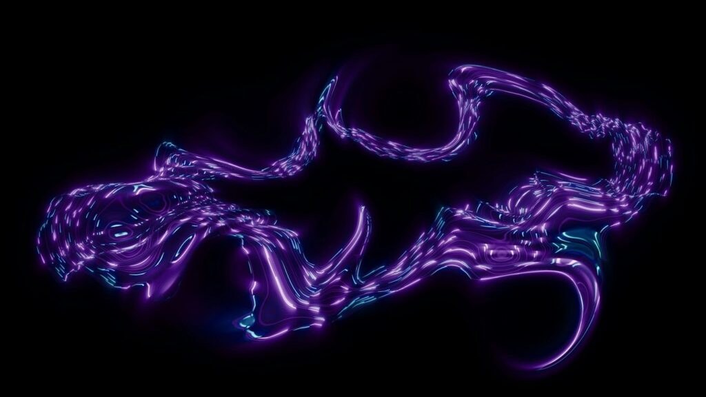 Abstract purple fluid with glowing particles on black
