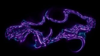 Abstract purple fluid with glowing particles on black