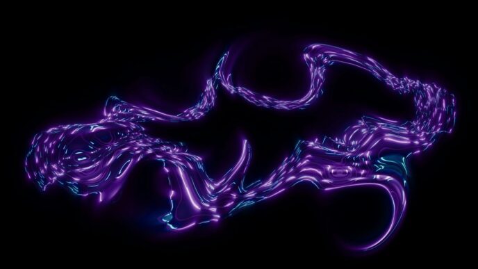 Abstract purple fluid with glowing particles on black