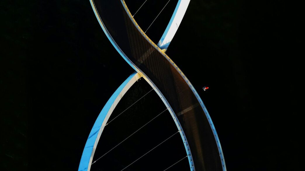 a very tall bridge with a very long curved structure