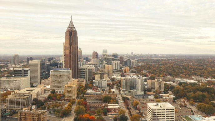 Tall buildings dominate a sprawling city skyline.