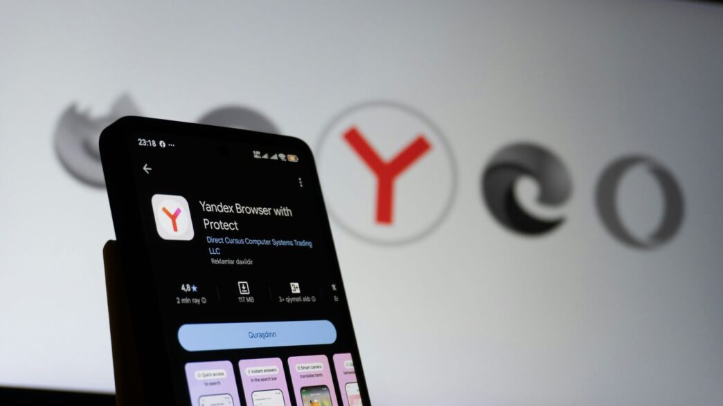 Smartphone displaying yandex browser app with yandex logo.