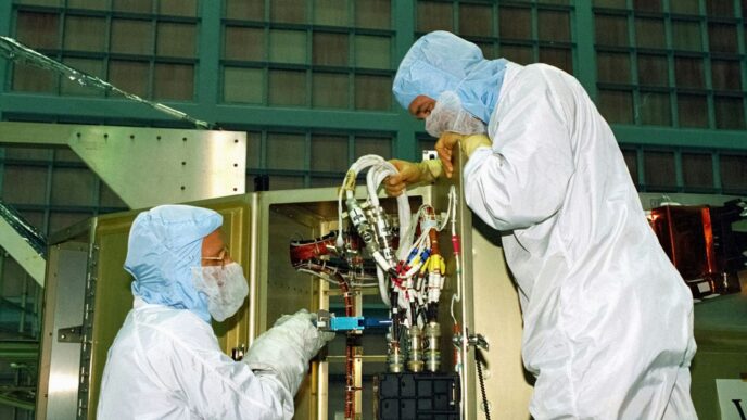 a couple of people in white suits working on a machine