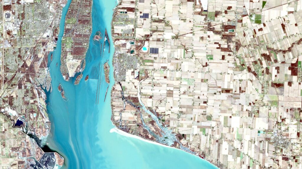 aerial view of a river and city