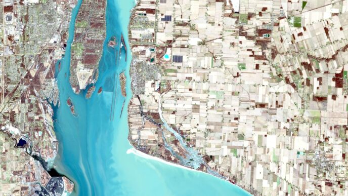 aerial view of a river and city