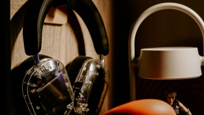 A pair of headphones sitting on top of a wooden shelf