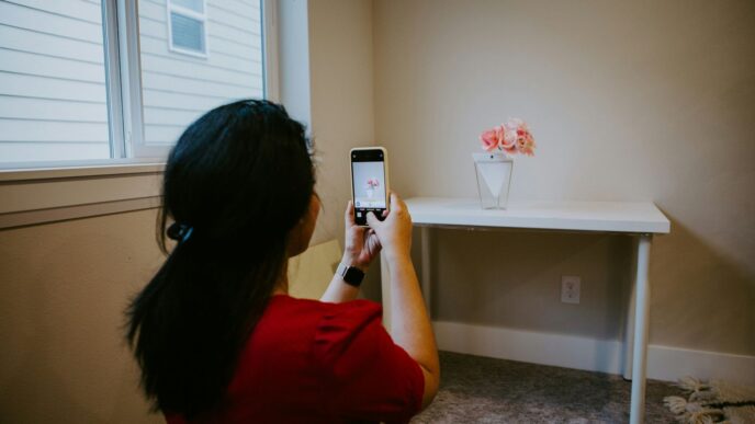 woman in red long sleeve shirt holding silver iphone 6