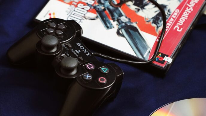 a couple of video game controllers sitting next to a dvd