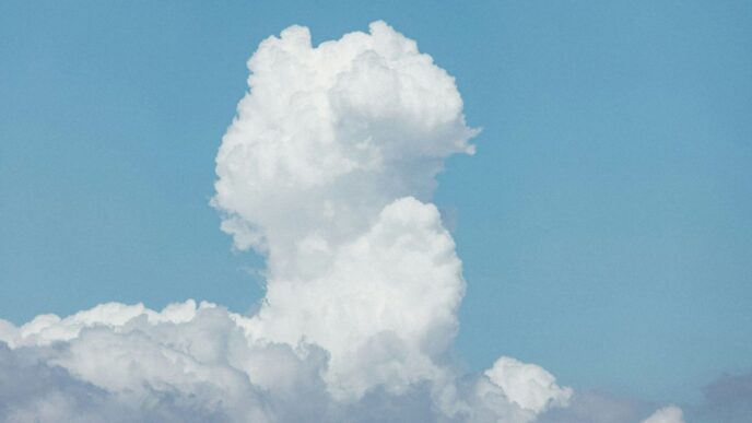 A plane flying through a cloud filled sky