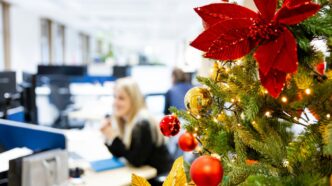 A decorated christmas tree in an office cubicle