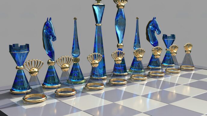 a chess board with blue glass pieces on it