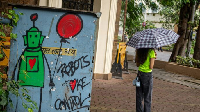 A person stands by robot graffiti in the rain.