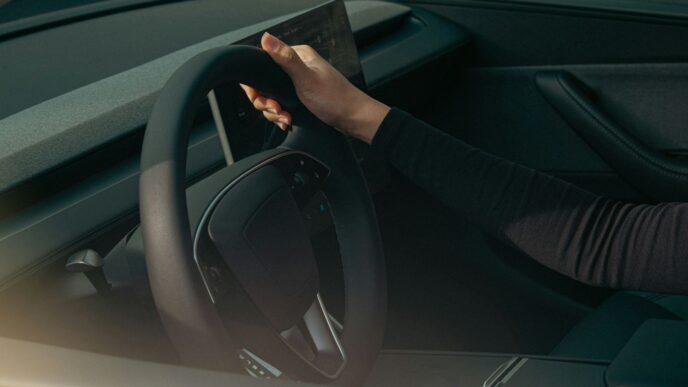 Person's hands on a car steering wheel.