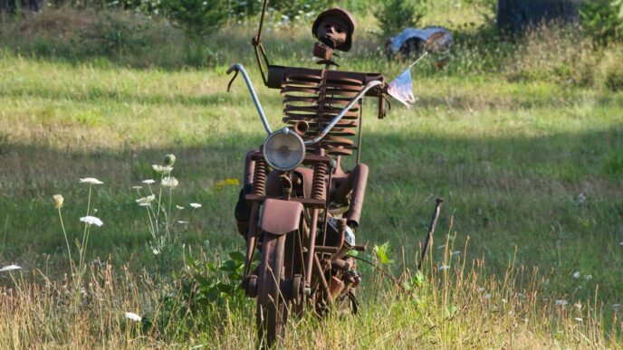 A sculpture of a man holding a flag on top of a motorcycle