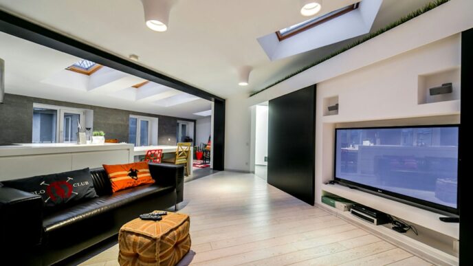 a living room with a black couch and a flat screen tv