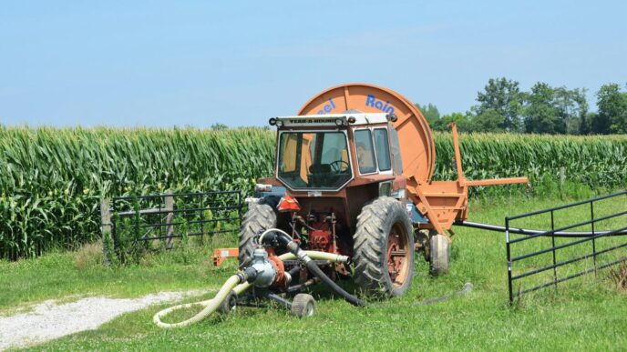 A tractor waters a field of crops.