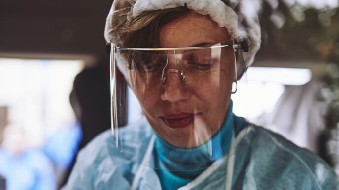 woman in teal scrub shirt wearing white head band