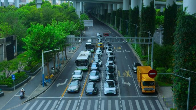 Traffic is congested on a multi-lane road.