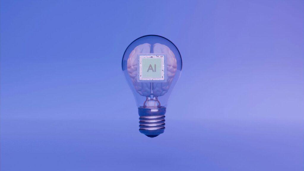 Artificial intelligence is represented by the lightbulb and brain.