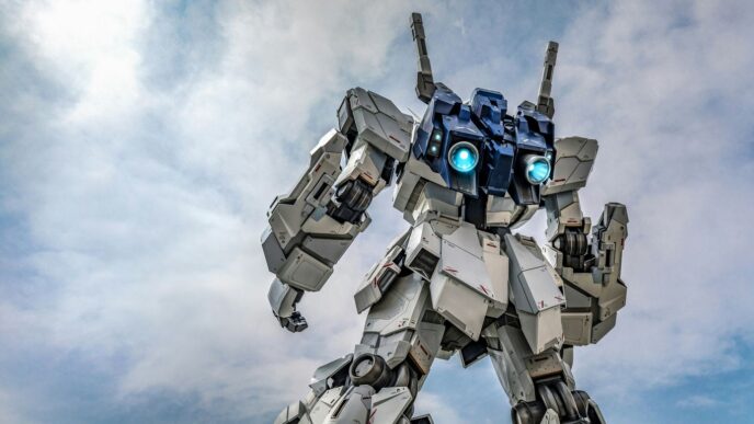 Giant white robot with blue glowing eyes against sky