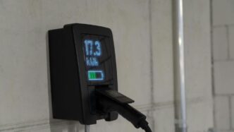Electric car charger mounted on wall with display.