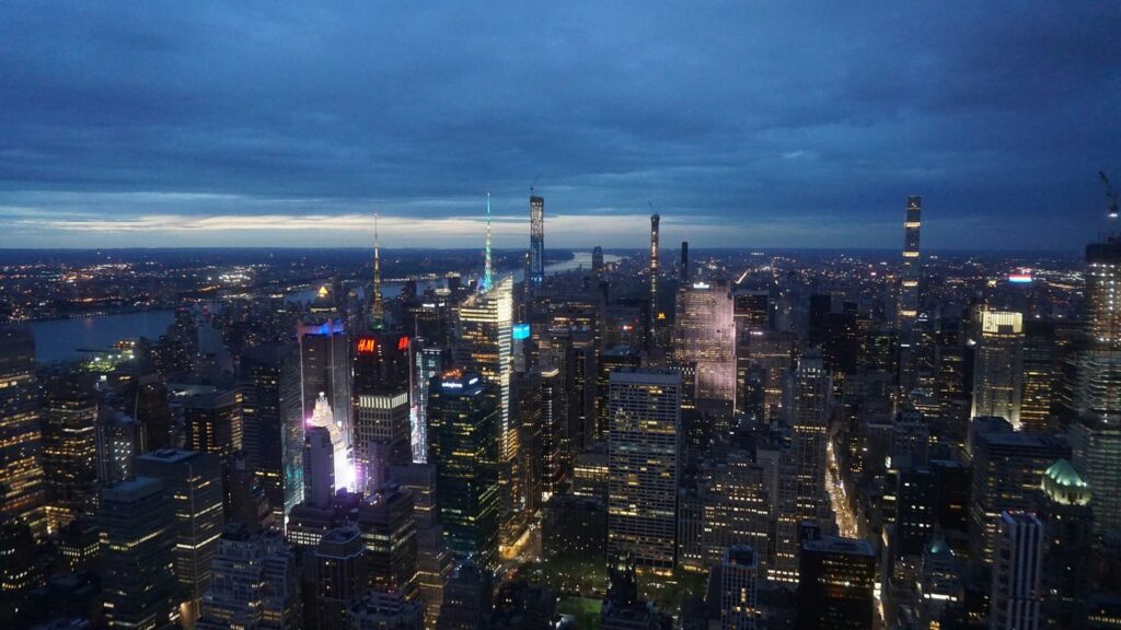 aerial view of city buildings during nighttime