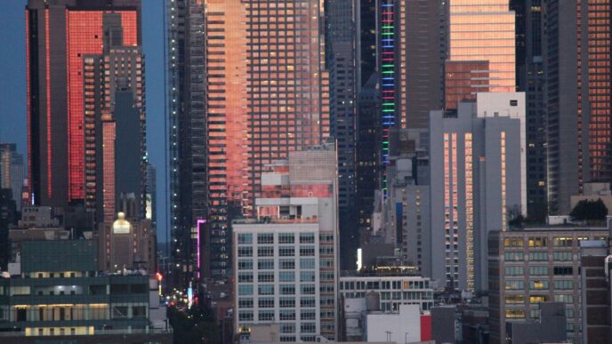 a view of a city skyline at night