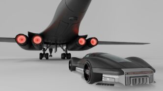 A black futuristic car and a bomber plane