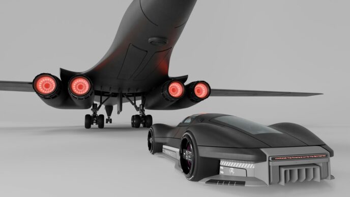 A black futuristic car and a bomber plane