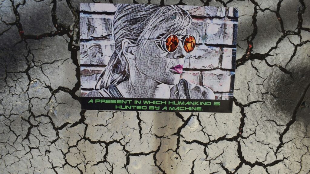 Sketch of woman with sunglasses and text