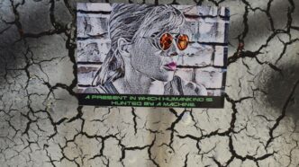 Sketch of woman with sunglasses and text