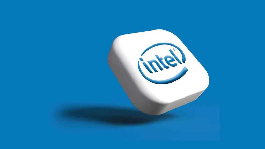 the intel logo is shown on a white cube