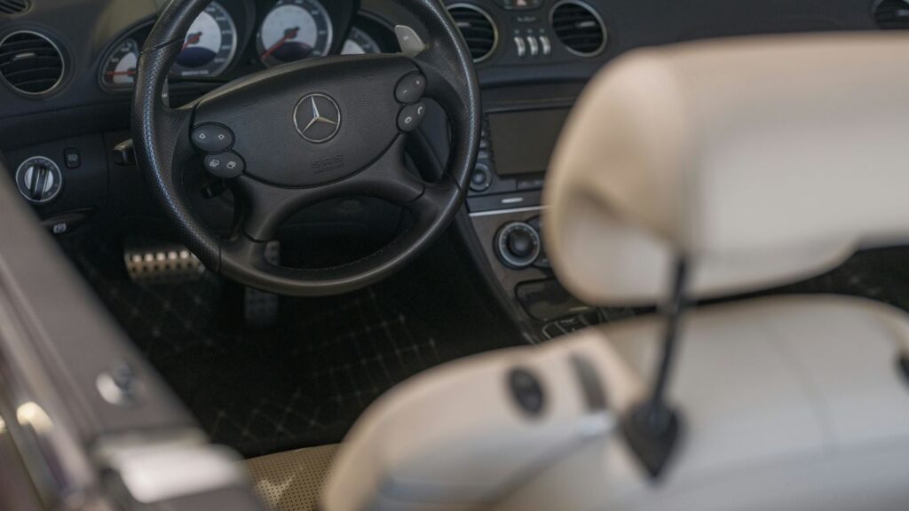 The interior of a mercedes-benz car is shown.