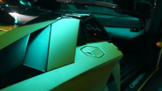 The interior of a car with a green and black interior