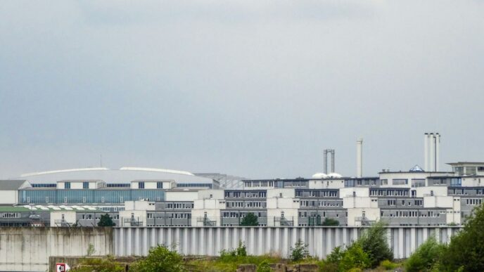 Industrial buildings under a cloudy sky
