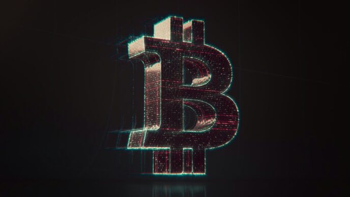 A shiny bitcoin logo on a black background