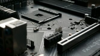 a close up of a motherboard with many components