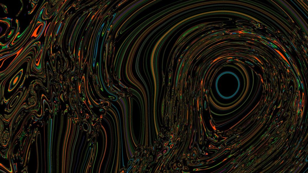 Colorful, swirling abstract art with a black void.