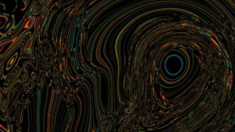 Colorful, swirling abstract art with a black void.