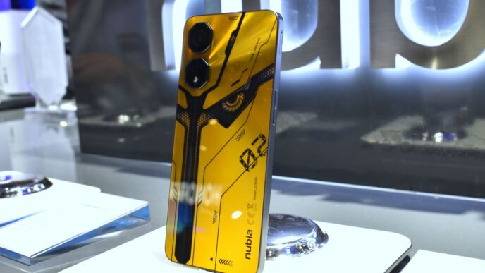 Yellow smartphone with futuristic design and camera lenses