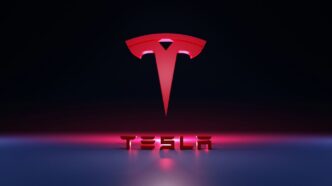 a red logo with a black background