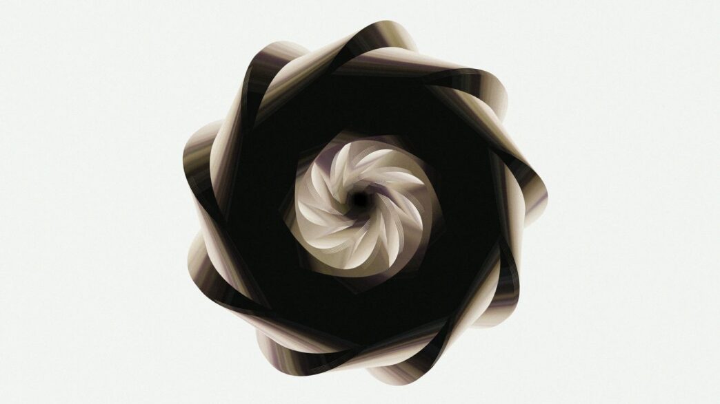 A spiraling dark form against a white background.