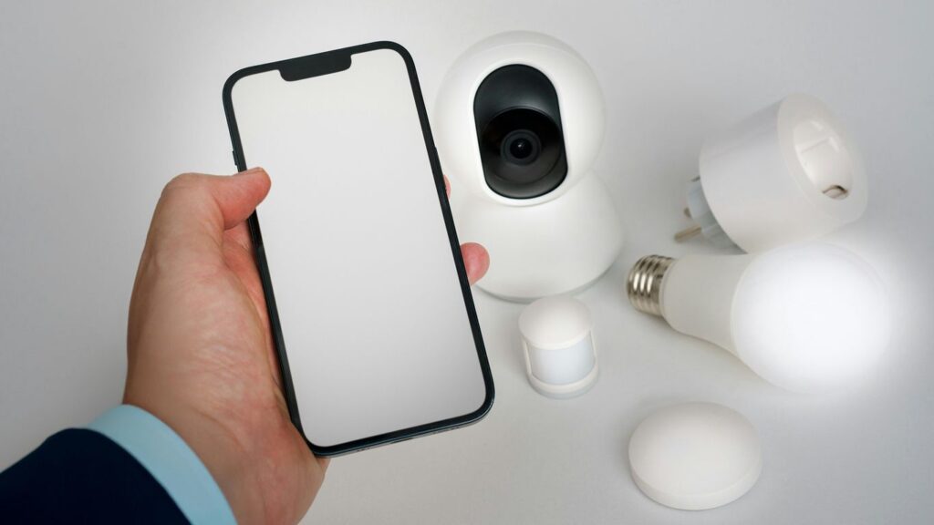 A person holding a smart phone next to a camera