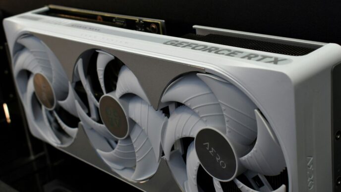 White graphics card with three fans and rtx logo