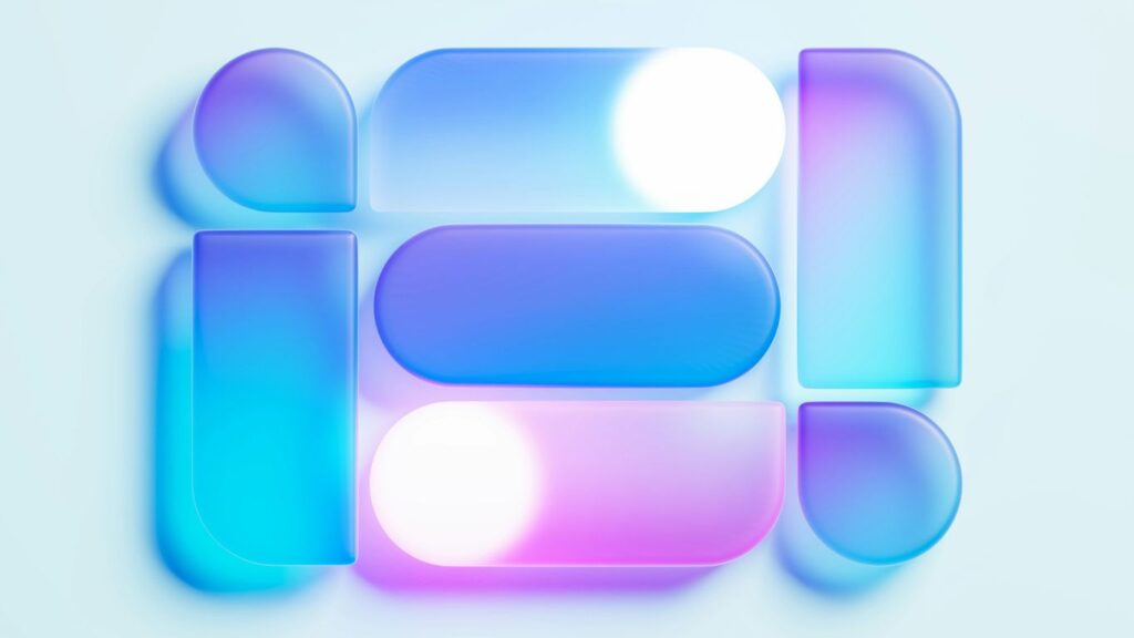 a blue, pink, and green text bubble