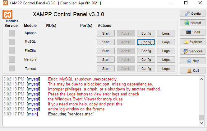 In the Configuration (my.ini) file, find port number 3306 and then replace it with port number 3307