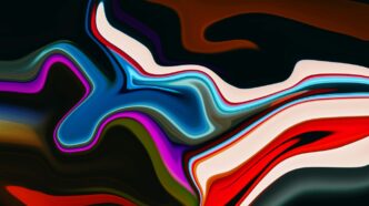 a multicolored abstract painting with a black background