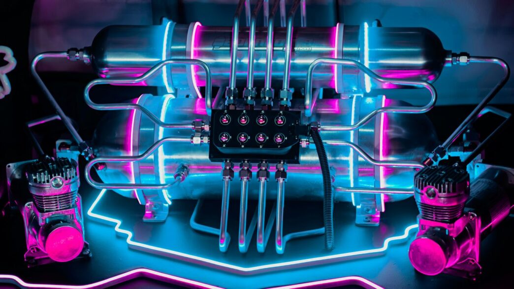 a neon display of electronic equipment on a table