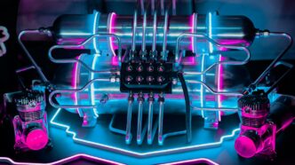 a neon display of electronic equipment on a table