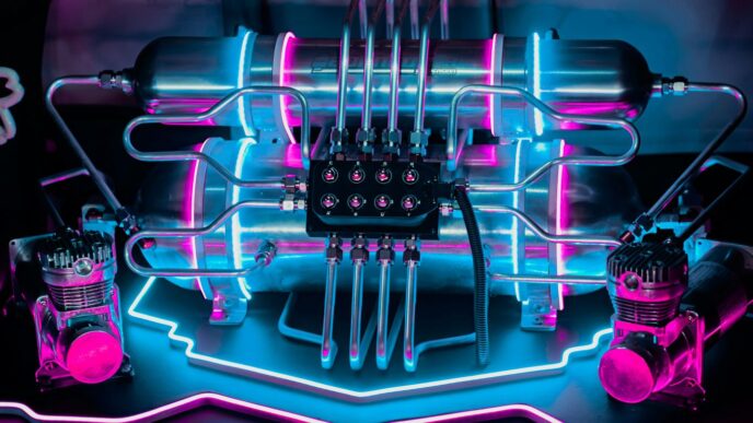 a neon display of electronic equipment on a table